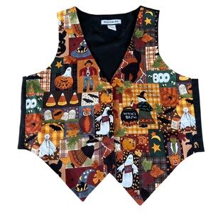 Vintage Y2K Halloween Vest Witch Candy Corn Ghost Black Cat Kitschy Fun Lrg GUC